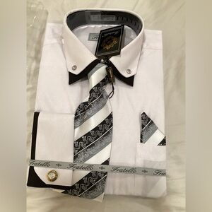 Fratello Men's White and Black Dress Shirt with Tie NIP 34-35